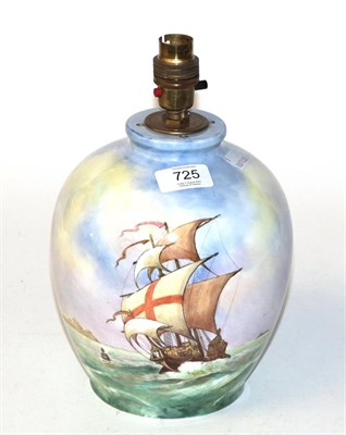 Lot 725 - A Mintons hand painted porcelain lamp base, decorated with war ships, signed A. Cheadle