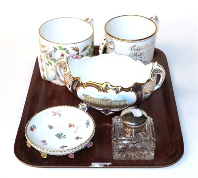 Lot 729 - A Royal Crown Derby loving cup, another loving cup, Meisson saucer, silver capped inkwell (4)