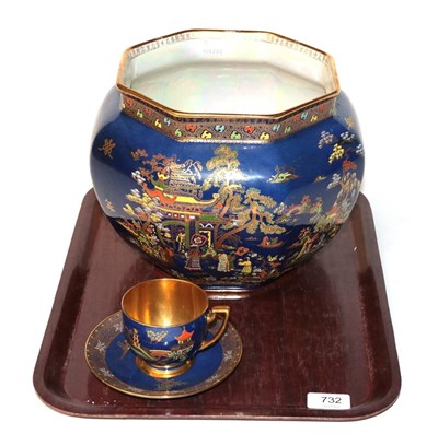 Lot 732 - A Carlton ware blue chinoiserie ''Mikado'' octagonal lustre bowl and similar tea cup and saucer