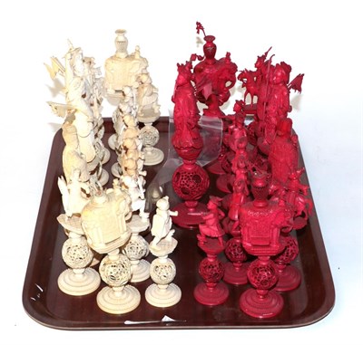 Lot 741 - A 19th century Chinese carved ivory chess set, each of the 32 pieces intricately carved as...