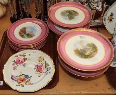 Lot 745 - A Minton porcelain dessert service painted with landscapes and seascapes within a pink border;...