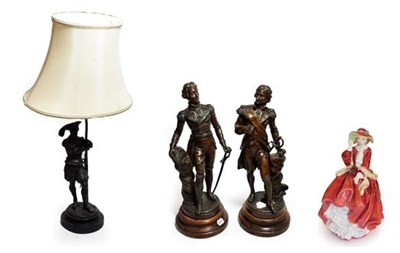 Lot 775 - A Royal Doulton Top O' The Hill figure; together with a pair of Spelter figures of 19th century...