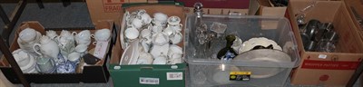 Lot 778 - Crown Staffordshire teaset, glass decanters, plated tea caddy, Japanese teaset etc (in four boxes)