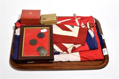 Lot 779 - A 9 carat gold watch, a Victorian crown, World War II medals, flags etc