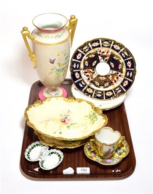 Lot 792 - Decorative ceramics including Royal Crown Derby Imari plate, Meissen twin salt, a pair of...