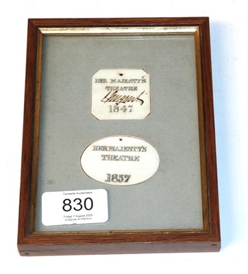 Lot 830 - Two framed ivory labels engraved ''Her Majesty's Theatre 1857'', framed