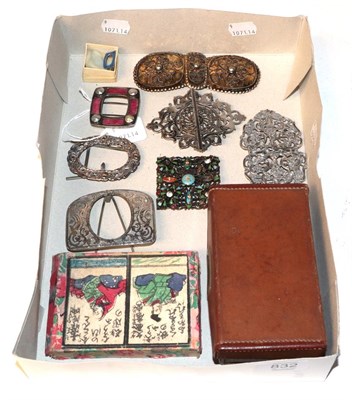 Lot 832 - Enamel and pearl buckle, silver buckle etc