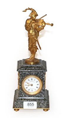 Lot 855 - A marble figural mantel timepiece, mounted by a figure playing a musical instrument, retailed...