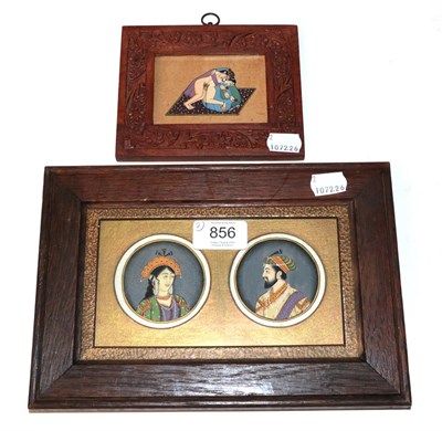 Lot 856 - A pair of Indian portraits framed as one and another example - erotic scene (2)