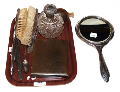 Lot 860 - An 18th century silver spoon, cased silver teaspoon, silver backed dressing table items