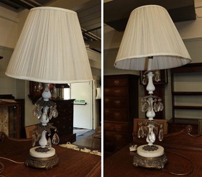 Lot 872 - A pair of lustre drop gilt metal mounted porcelain and alabaster table lamps