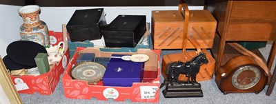 Lot 937 - A quantity of decorative ceramics, boxed glass, carved Indian table, trolley, two sewing boxes,...