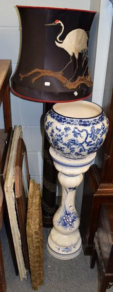 Lot 955 - A Chinese style standard lamp, with silk shade, a coopered pale, a leather waste paper bin, a...