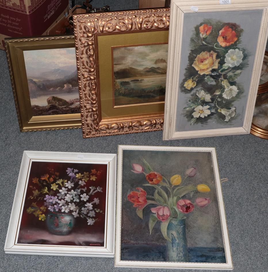 Lot 1001 - Three British School still life paintings by various hands; and two oil paintings of landscapes (5)