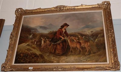 Lot 1025 - British School (19th century) Lady feeding deer in a Highland glen, indistinctly signed and...