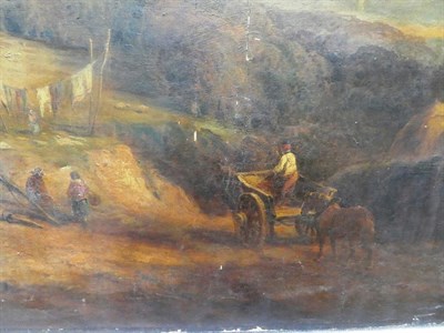 Lot 1034 - English School (19th century) Hamlet scene set in a landscape with figures, indistinctly...