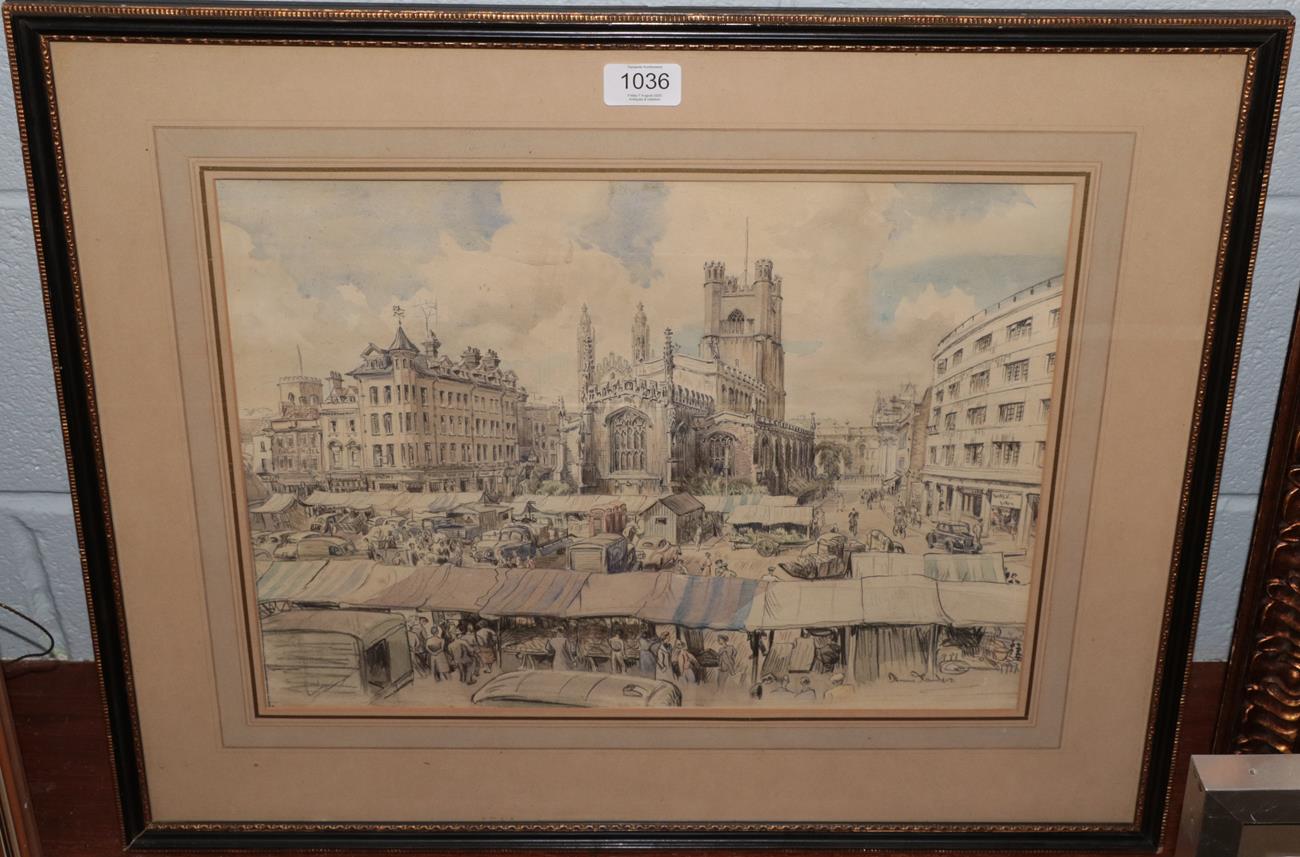 Lot 1036 - Dennis Flanders (20th Century) The Market Place, Cambridge, signed, inscribed verso, mixed...