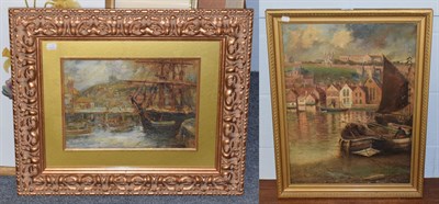 Lot 1049 - Alfred George Morgan (1848-1930) Baltic timber ship at Whitby Harbour, oil on board; and Alfred...