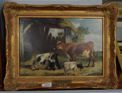 Lot 1055 - Follower of T S Cooper, Cattle and goat, oil on board, bears signature, 23cm by 33.5cm