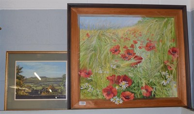Lot 1065 - Judith Bromley, poppy field, signed, oil on canvas, together with Askrigg rooftop's, signed...