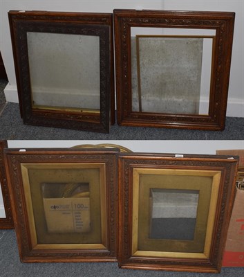 Lot 1085 - Two pairs of carved oak frames 68cm by 59cm, smaller pair 61cm by 54cm, and a single frame 55cm...