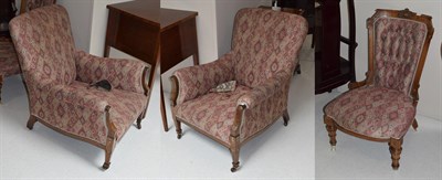 Lot 1105 - A pair of inlaid mahogany Edwardian upholstered armchairs, together with a similarly...