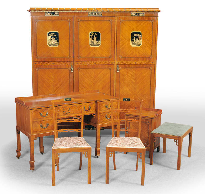 Lot 1253 - A 1920's Satinwood, Black and Gold Painted Chinese Chippendale Revival Six Piece Bedroom Suite,...