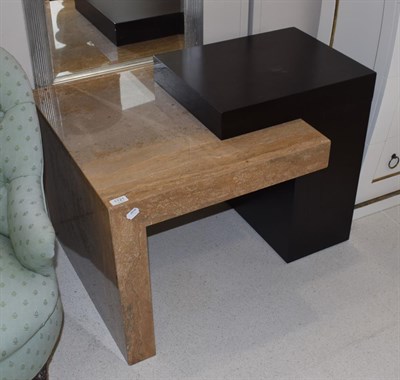 Lot 1121 - A modern travertine and ebonised side table, retailed by Barker & Stonehouse, 85cm wide