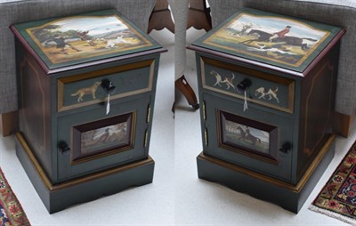 Lot 1158 - A pair of modern bedside cupboards painted with hunting shooting scenes