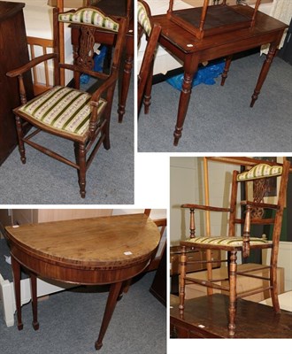 Lot 1170 - Two early 20th century armchairs; a walnut games table; and a mahogany side table (4)