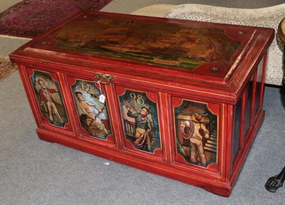Lot 1185 - A red painted chest, early 20th century, the hinged lid decorated with the Battle of the Nile,...
