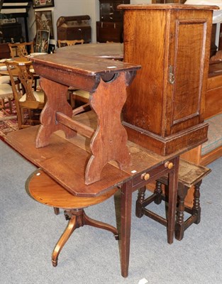 Lot 1237 - An oak joint stool; another stool; two tripod tables; an oak drop leaf table; two chairs; and...