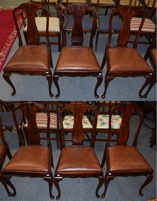 Lot 1328 - A set of six mahogany dining chairs, with carved rails and figured slats