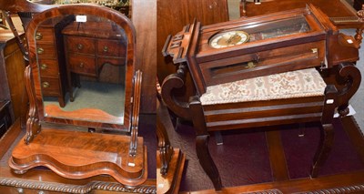 Lot 1422 - A mahogany dressing mirror, a music seat, and a small wall clock