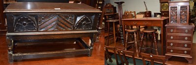 Lot 1442 - An Edwardian inlaid mahogany plant stand, a pair of elm stools, a carved oak smokers cabinet, a...