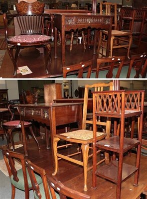 Lot 1444 - A carved oak side table with three drawers, an Edwardian inlaid chair, a bergère seated...