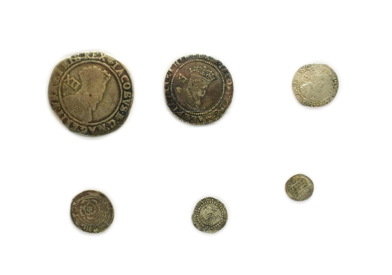 Lot 2035 - James I, 6 x Hammered Silver Coins comprising: shilling second coinage, third bust, mm. rose,  rev.