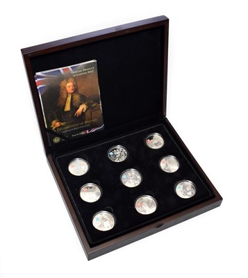 Lot 2075 - 'A Celebration of Britain' a set of 9 x silver proof £5 Coins, 'Official Product of London...