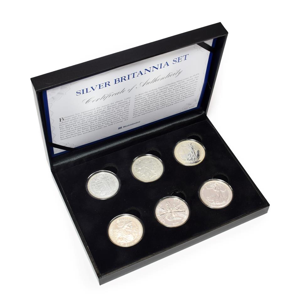 Lot 2080 - Silver Britannia Set, comprising 6 x 1oz fine silver Britannia £2 coins 2003, 2006, 2010,...