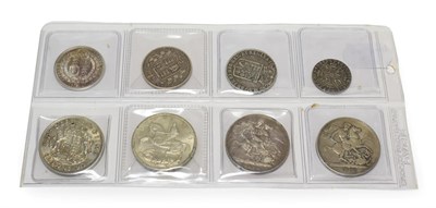 Lot 2111 - 8 x English Silver Coins comprising: George III shilling 1787 no hearts, good edge & surfaces,...