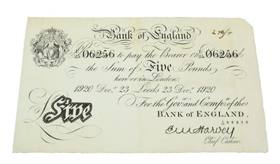 Lot 2123 - Bank of England White Five Pounds, signature E. M. Harvey, Leeds, Dec 23, 1920, U/25 06256, several