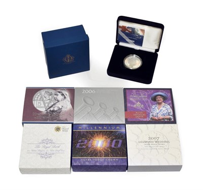 Lot 2137 - 7 x UK Silver Proof £5 Coins comprising: 1999/2000 'Millennium,' British Isles highlighted in...