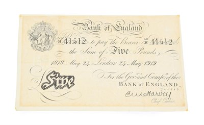 Lot 2147 - Bank of England White Five Pounds, signature E.M. Harvey, London May 24 1919, horizontal & vertical