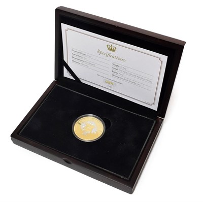 Lot 2164 - Jersey Gold Proof £5 2015 'Longest Reigning Monarch;' rev. rhodium-plated sprigs of oak leaves...