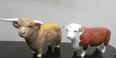Lot 193A - Beswick Cattle Comprising: Hereford Bull, model No. 1363B and Highland Bull, model No. 2008;...