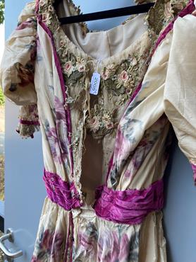 Lot 2005 - 19th Century Cream Silk Moire Dress printed with pink flowers and blue leaves, elbow length...
