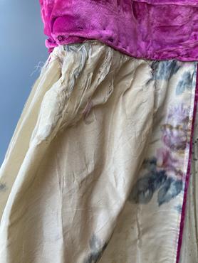Lot 2005 - 19th Century Cream Silk Moire Dress printed with pink flowers and blue leaves, elbow length...
