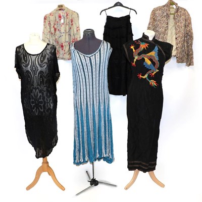 Lot 2008 - Early 20th Century Costume, comprising a blue, white and black woven sleeveless dress with a...