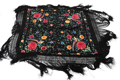 Lot 2033 - An Early 20th Century Chinese Black Silk Cloth with Coloured Embroidery and fringed trim, 150cm...