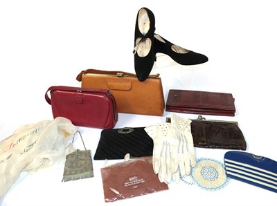 Lot 2043 - Circa 1920-50's Costume Accessories, including a black pleated silk clutch evening bag with...